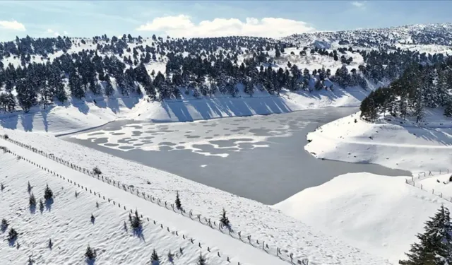 Kahramanmaraş'ta Merk Göleti'nin yüzeyi buz tuttu