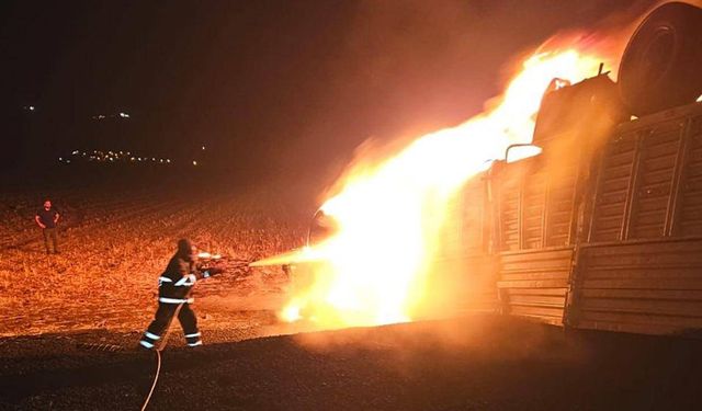 Şanlıurfa'da seyir halindeki saman yüklü tır yandı